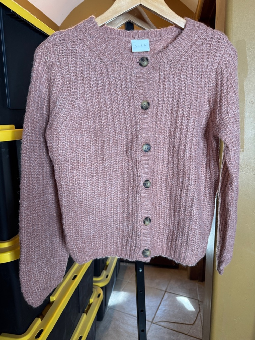 VILA Rose Pink Chunky Knit Cardigan Sz Small Button Front Cozy Textured Sweater - Picture 2 of 7